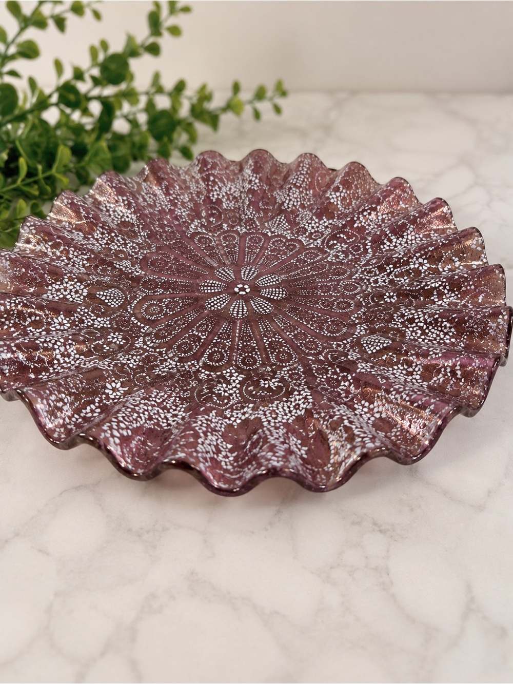 Decorative Purple lace paisley Glass Scalloped Serving Plate